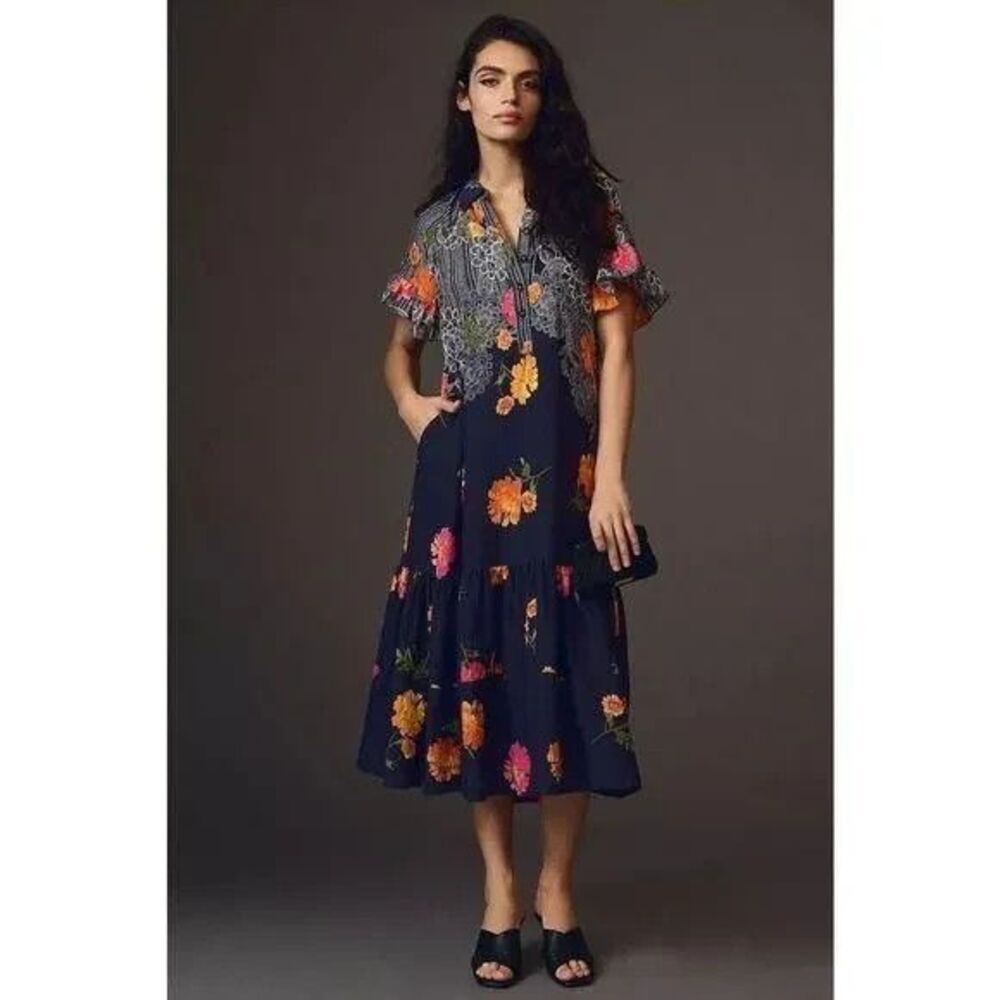 Anthropologie Navy Floral Maxi Dress with Lace Yoke